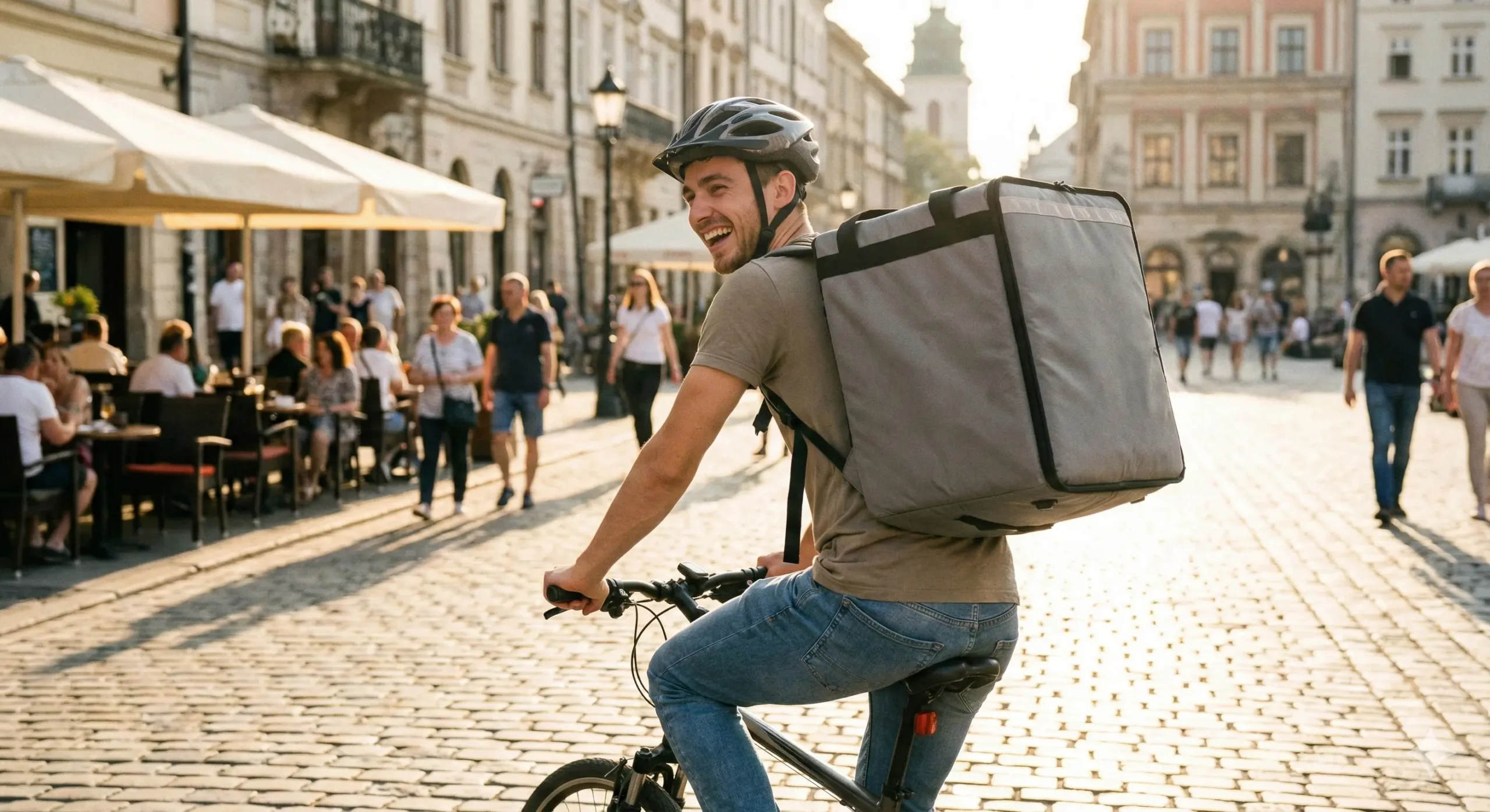 Nasmijani student radi kao dostavljač hrane na biciklu u centru grada - fleksibilan studentski posao