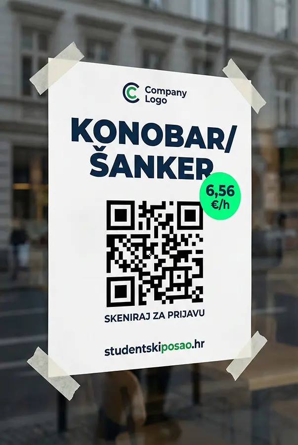 QR letak za zapošljavanje studenata u ugostiteljstvu zalepljen na staklo