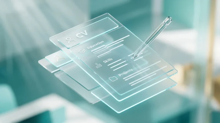 Ultra moderni 3D Brutal Glass prikaz futurističkog studentskog životopisa koji lebdi u prostoru.