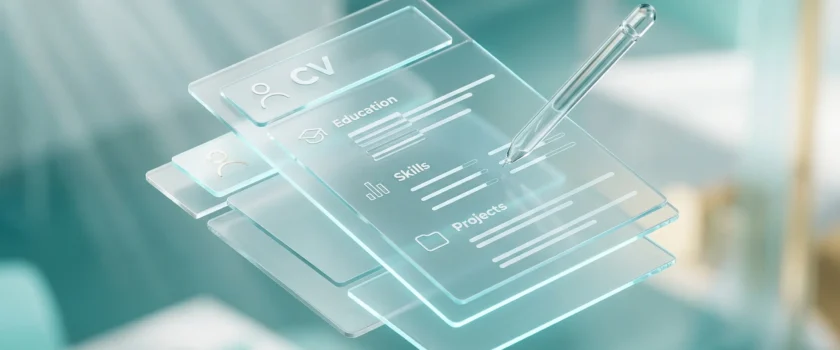 Ultra moderni 3D Brutal Glass prikaz futurističkog studentskog životopisa koji lebdi u prostoru.