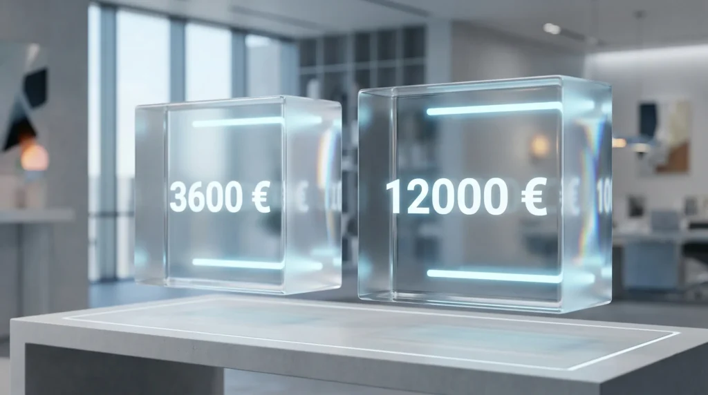 Minimalistički 3D prikaz dva lebdjeća Brutal Glass bloka s osvijetljenim brojkama "3600 €" i "12000 €", vizualizira ključne porezni limiti za studente u 2026.