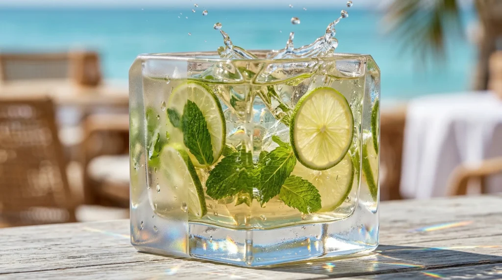 Krupni plan osvježavajućeg ljetnog koktela suspendiranog u Brutal Glass geometrijskoj prizmi na terasi beach bara, vizualizira dinamične sezonske poslove na moru u 2026.