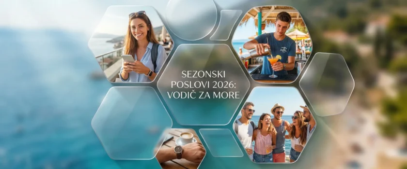 Moderni Brutal Glass kolaž koji prikazuje studente kako rade sezonske poslove 2026 na Jadranskoj obali, s ugrađenim tekstom "VODIČ ZA MORE"