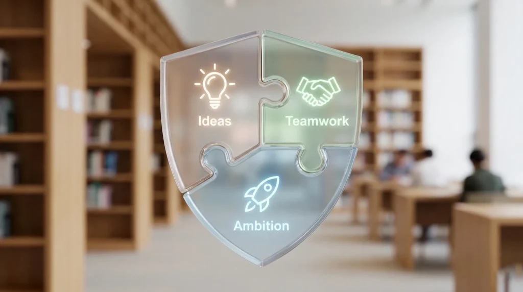 Minimalistički 3D prikaz Brutal Glass staklenih puzzle dijelova koji se spajaju u štit, s ikonama za ideje, timski rad i ambiciju, vizualizira slaganje savršenog životopisa za studentski posao.