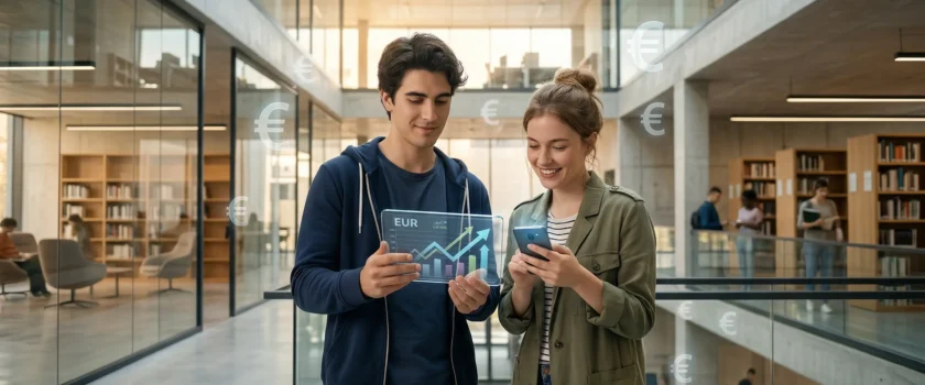 Uspješni hrvatski studenti s tabletom koji prikazuje rast zarade u eurima – najbolje plaćeni studentski poslovi 2026.