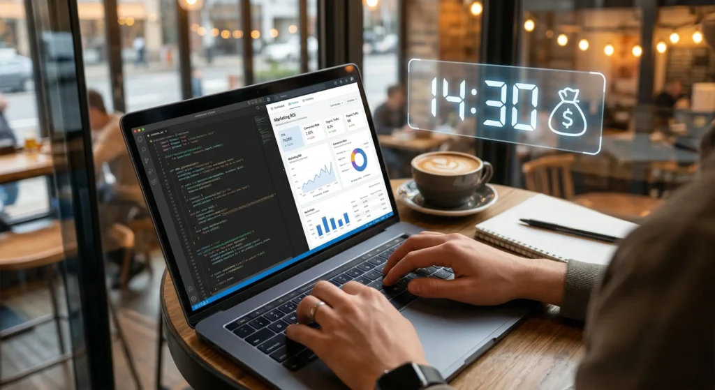 Krupni kadar ruku studenta koji radi na laptopu u kafiću, s fokusom na ekran s kodom i marketinškim podacima – rad od kuće i fleksibilnost.