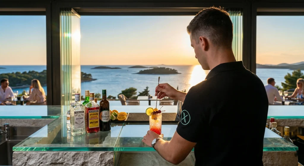 Student radi kao barmen u luksuznom beach baru na Jadranskoj obali s pogledom na more i otoke – premium sezonski poslovi za studente.