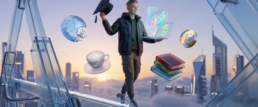 Mladi student uspješno balansira između fakulteta i fleksibilnog posla na modernom 3D staklenom mostu.