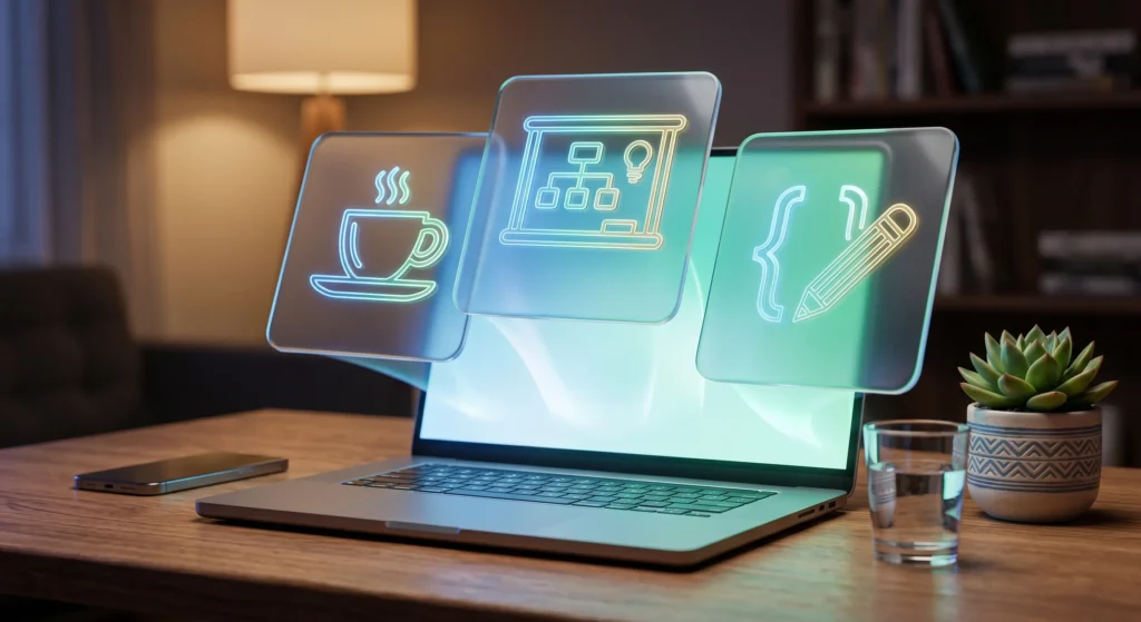 Moderna 3D vizualizacija radnog stola s plutajućim staklenim ikonama koje prikazuju različite kategorije studentskih poslova (ugostiteljstvo, tutorstvo, programiranje).